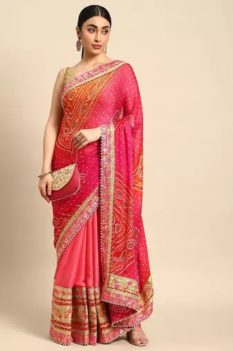 peach bandhani gotta patti pure chiffon saree