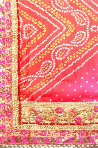 peach bandhani gotta patti pure chiffon saree