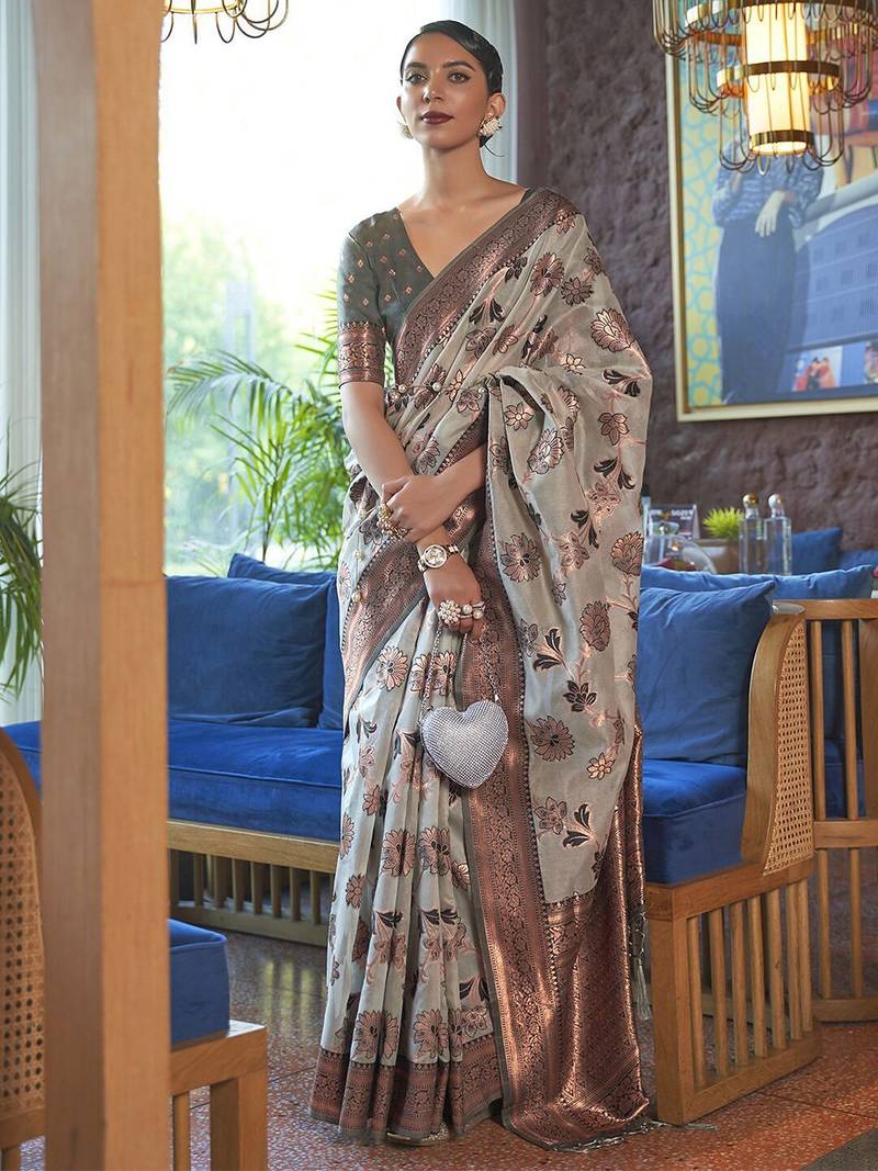 grey grey & copper-toned floral zari organza banarasi saree