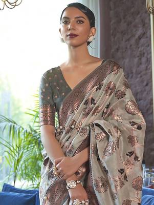 grey grey & copper-toned floral zari organza banarasi saree 2
