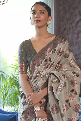 grey grey & copper-toned floral zari organza banarasi saree