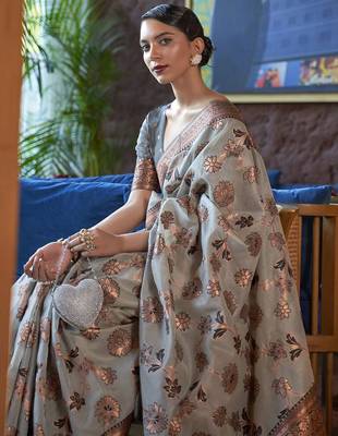 grey grey & copper-toned floral zari organza banarasi saree 3