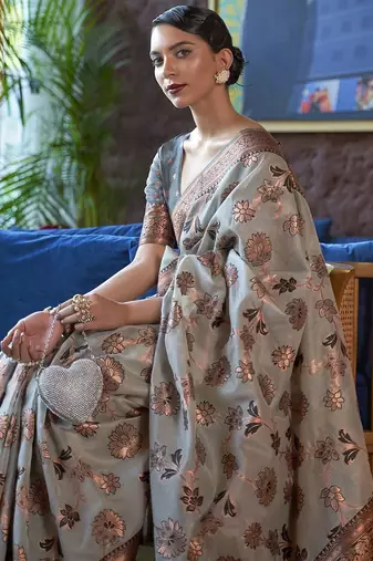 grey grey & copper-toned floral zari organza banarasi saree