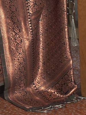 grey grey & copper-toned floral zari organza banarasi saree 4