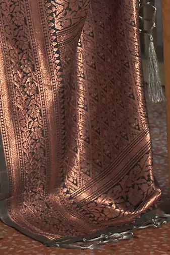 grey grey & copper-toned floral zari organza banarasi saree