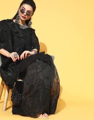 black ethnic motifs saree with embroidered border 1