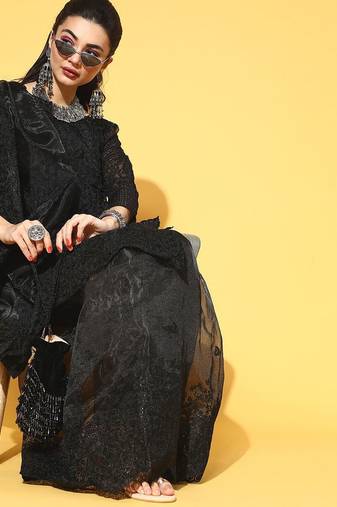 black ethnic motifs saree with embroidered border