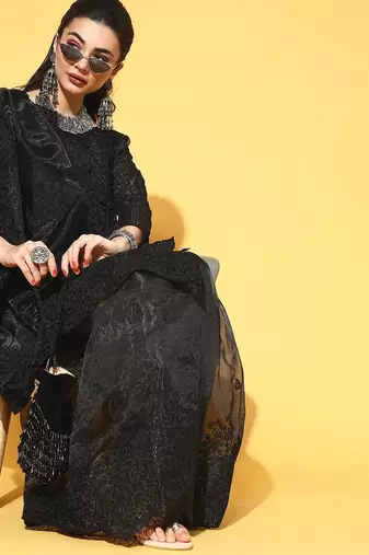 black ethnic motifs saree with embroidered border