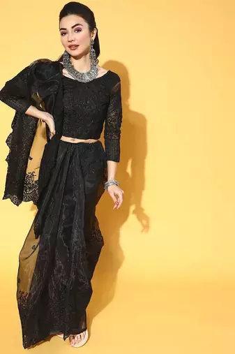 black ethnic motifs saree with embroidered border