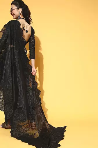 black ethnic motifs saree with embroidered border