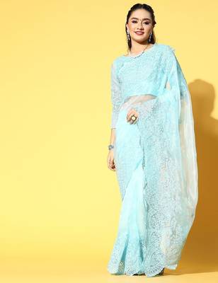 blue floral organza saree with embroidered border 2