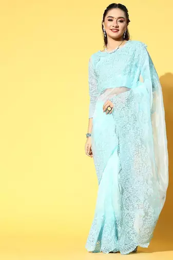 blue floral organza saree with embroidered border