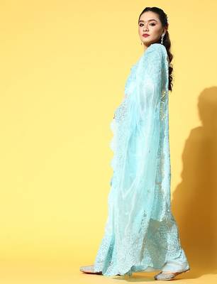 blue floral organza saree with embroidered border 3
