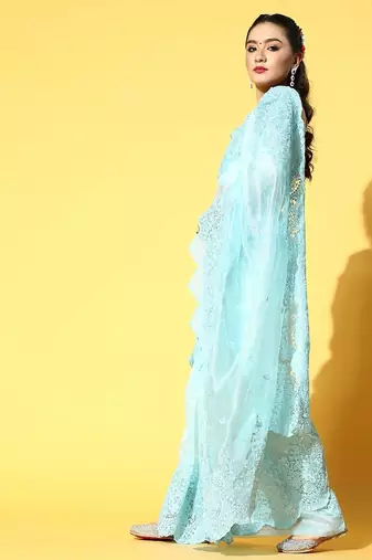 blue floral organza saree with embroidered border