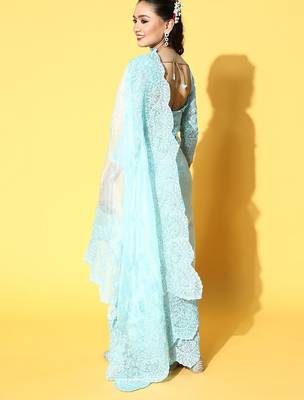 blue floral organza saree with embroidered border 4