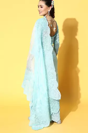 blue floral organza saree with embroidered border