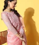 pink ethnic motifs saree with embroidered border