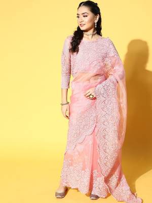 pink ethnic motifs saree with embroidered border 2