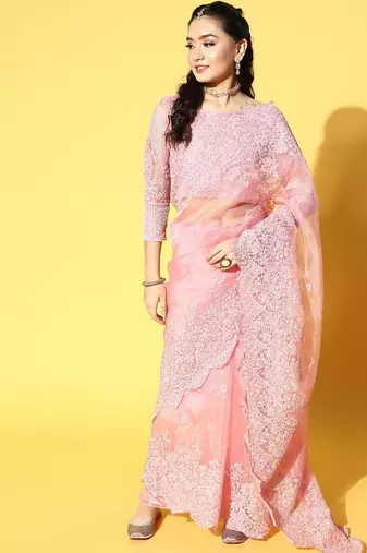pink ethnic motifs saree with embroidered border