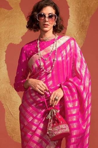 pink striped zari banarasi saree