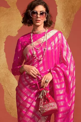 pink striped zari banarasi saree