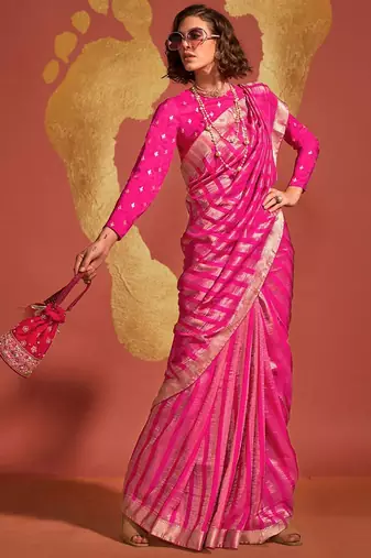 pink striped zari banarasi saree