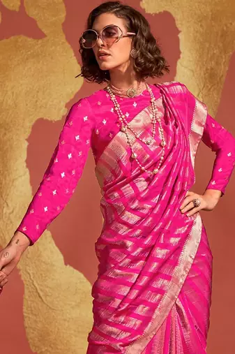 pink striped zari banarasi saree