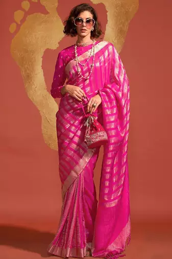 pink striped zari banarasi saree