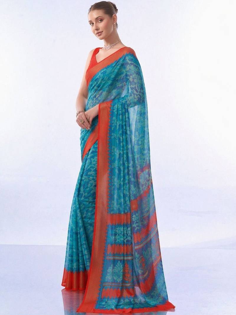 blue floral brasso fusion saree