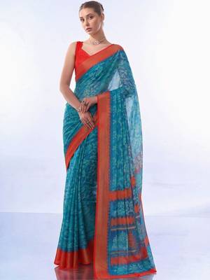blue floral brasso fusion saree 2