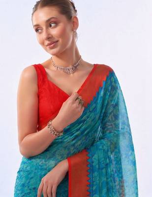 blue floral brasso fusion saree 4