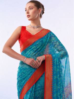 blue floral brasso fusion saree 5
