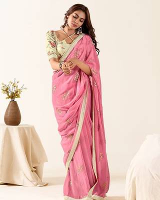 pink floral embroidered saree 1