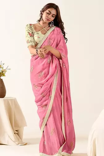 pink floral embroidered saree