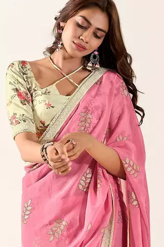 pink floral embroidered saree