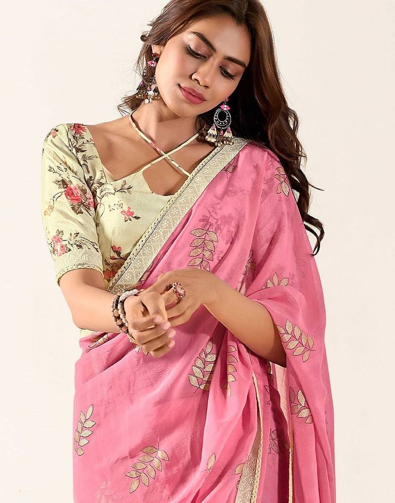 pink floral embroidered saree