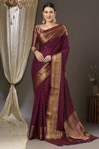 burgundy woven design zari poly georgette kanjeevaram saree