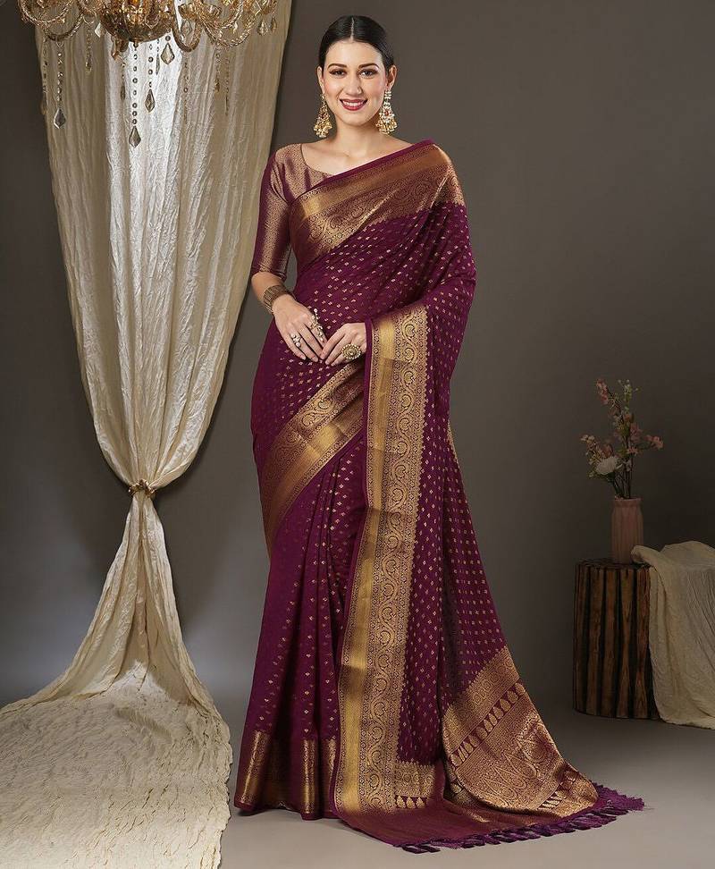 burgundy woven design zari poly georgette kanjeevaram saree