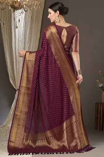 burgundy woven design zari poly georgette kanjeevaram saree