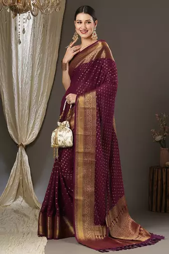 burgundy woven design zari poly georgette kanjeevaram saree