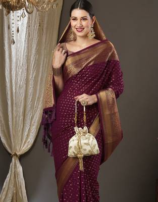 burgundy woven design zari poly georgette kanjeevaram saree 4