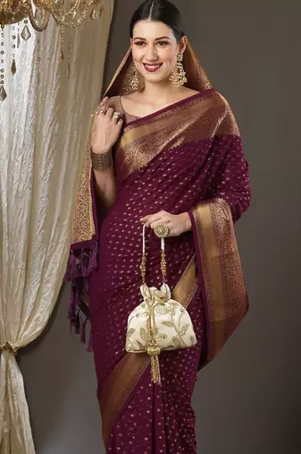 burgundy woven design zari poly georgette kanjeevaram saree