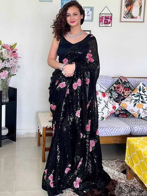black black & pink floral embroidered sequinned saree 1