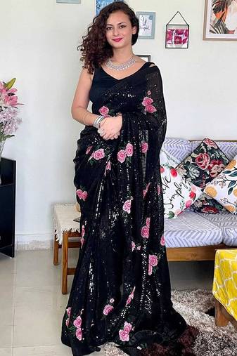 black black & pink floral embroidered sequinned saree