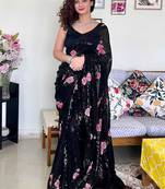 black black & pink floral embroidered sequinned saree