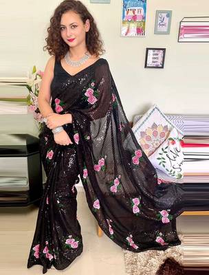 black black & pink floral embroidered sequinned saree 2