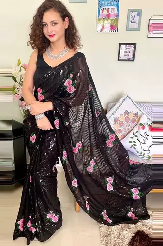 black black & pink floral embroidered sequinned saree