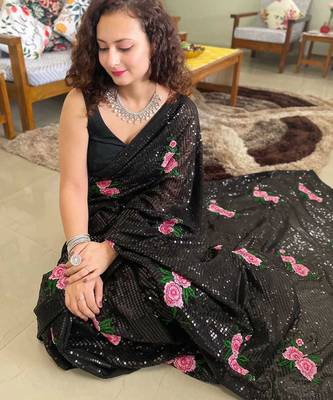 black black & pink floral embroidered sequinned saree 3