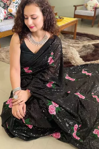 black black & pink floral embroidered sequinned saree
