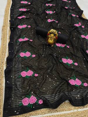 black black & pink floral embroidered sequinned saree 4